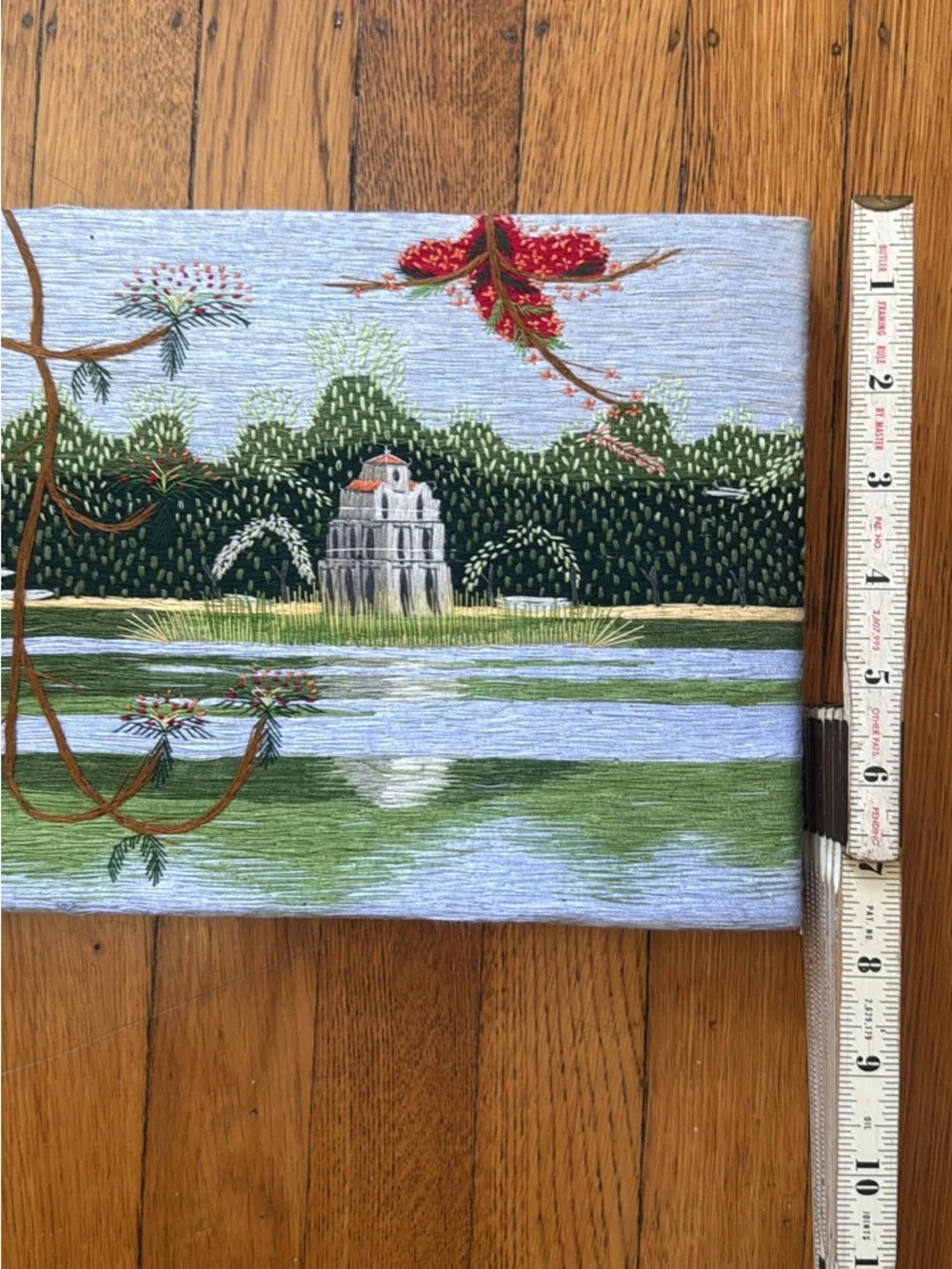 Vintage Embroidered Landscape Wall Art in Green, Blue and Red